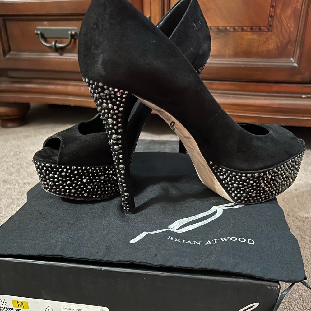Brian Atwood black suede peep toes heels with crystals.